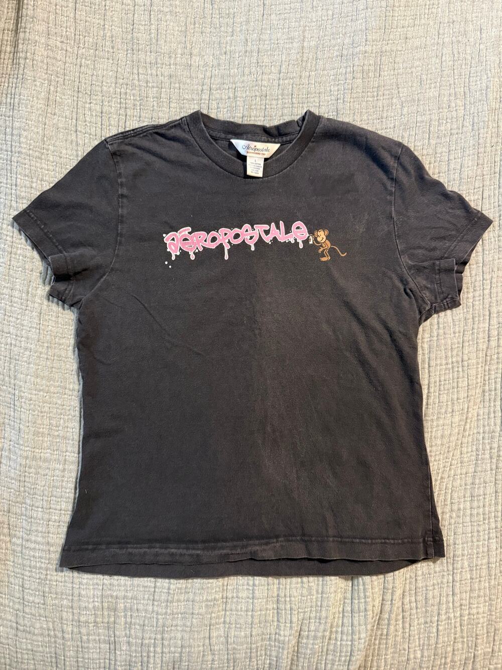 Y2K Aeropostale Fitted Graphic Boyfriend Tee Vintage Monkey Logo Size L Black